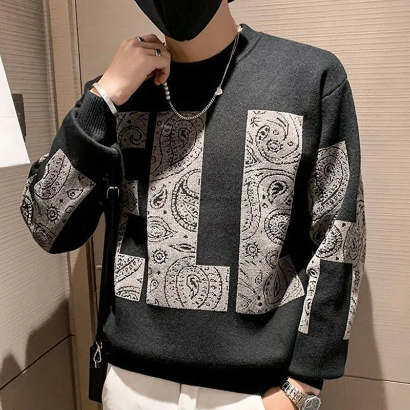 Fashion O-Neck Knitted Spliced All-match Printed Sweater Men's Clothing Autumn New Casual Pullovers Long Sleeve Korean Tops