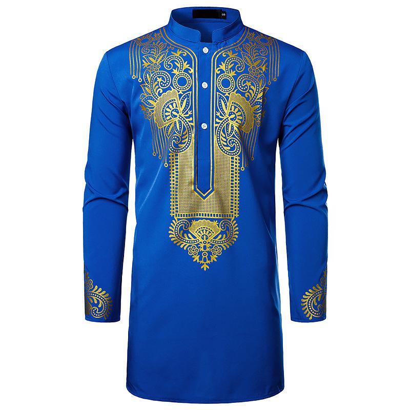 Luxury Casual Islamic Arabic Abaya Robe Fashion Ethnic Print Stand Collar Youth Mid-length Shirt Coat 2023 Muslim Men Clothing