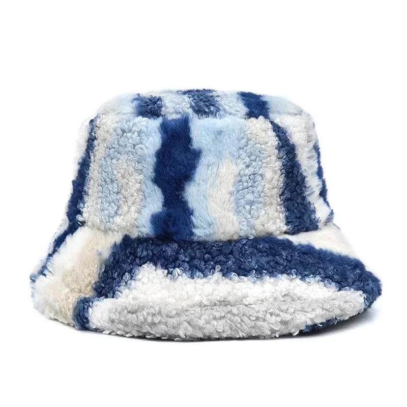 Winter Bucket Hats Women Fashion Print Ladies Warm Panama Hat Wool Soft Velvet Thickened Fur Rabbit Hair Outdoor Fisherman Hat