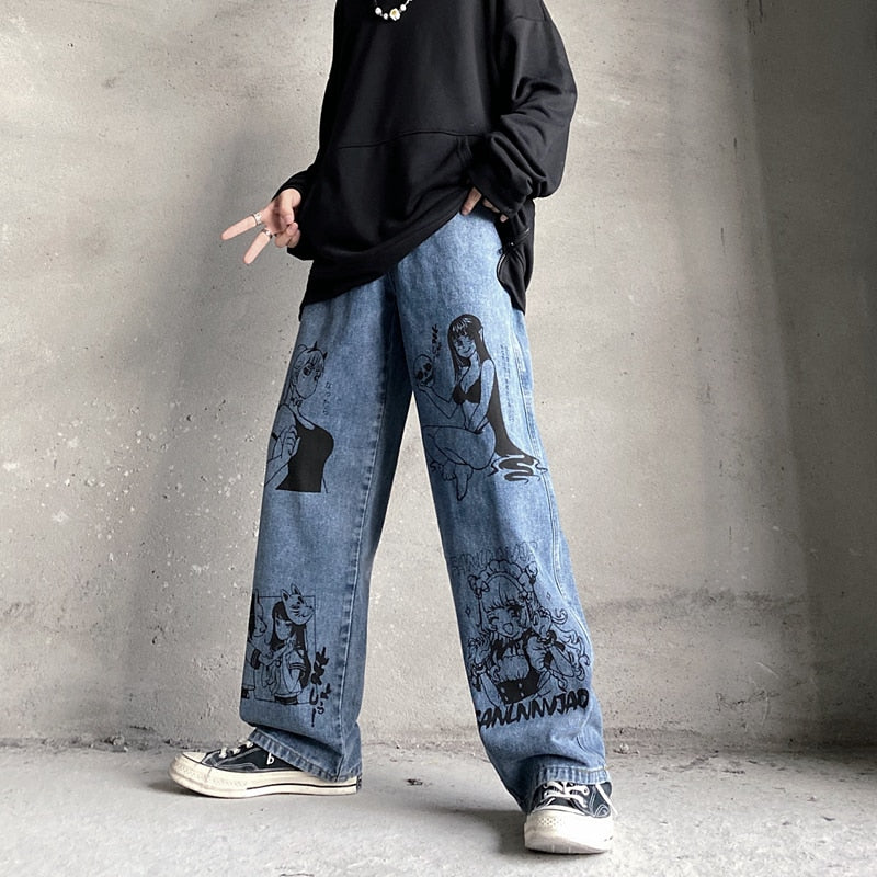 Vintage Washed Jeans Men Women Streetwear Jeans Harajuku Cartoon Anime Print Jeans Fashion GirlJeans Loose Wide Leg Pants Cotton