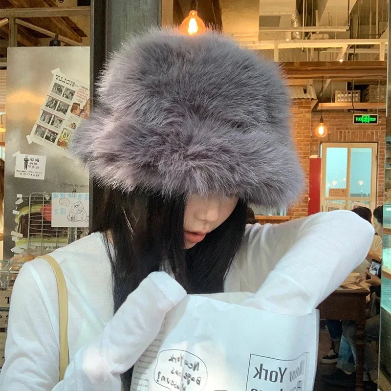 Fluffy Faux Fur Bucket Hats Women Rabbit Fur Warm Thick Plush Winter Hat Lady Fashion Luxury Panama Furry Fisherman Cap Y2k