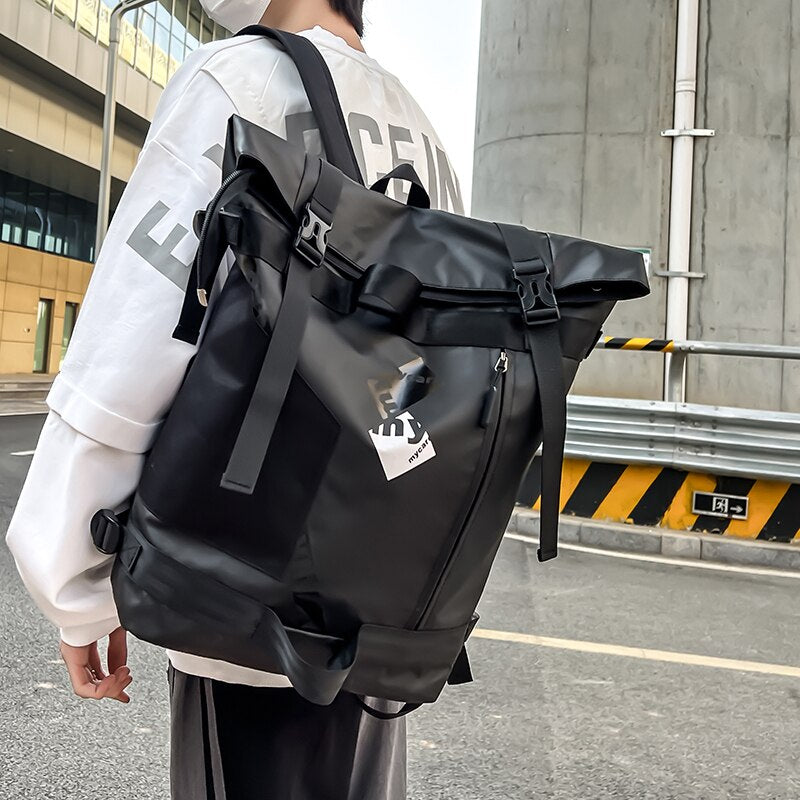 VC Men's Functional Black Backpack Trend Canvas Patchwork Design Backpack Large Capacity Travel Backpacks for Men School Bag