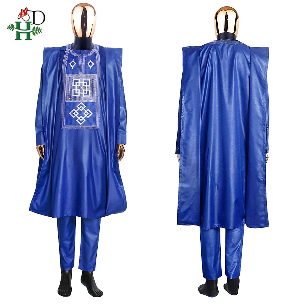 H&amp;D African Clothes for Men Blue Rich Bazin Embroidery Traditional Clothes 3 Pcs Sut Shirt Pants Set Wedding Clothing Dashiki