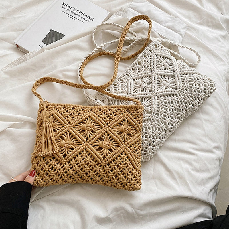 Handmade Cotton Rope Tassel Braided Bag 2023 Summer New Straw One Shoulder Oblique Span Bag Bohemian Style Beach Lift Handbag