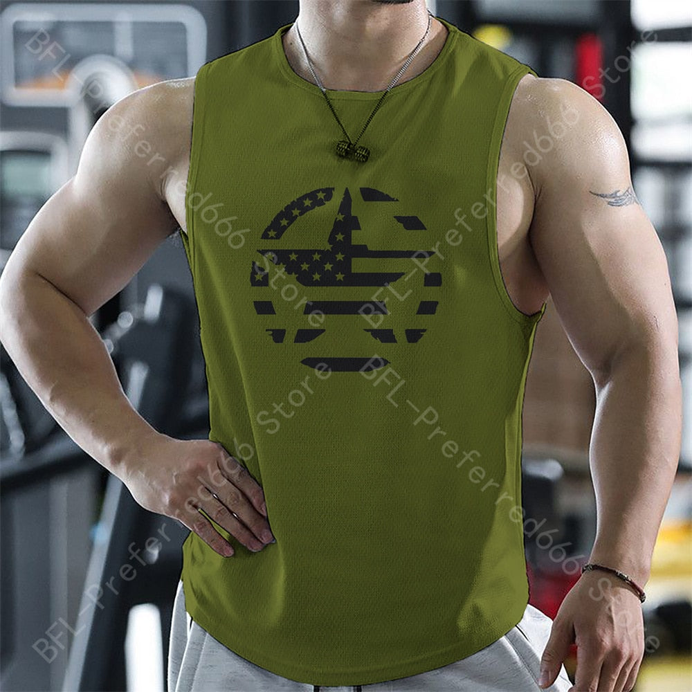 Men Tank Tops Summer Gym Sleeveless T Shirt Print Quick Dry Running Sport Vest Casual Fitness Sportswear Singlets Men&#39;s Clothing