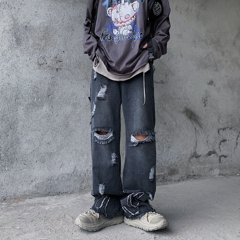 Vintage Washed Jeans Men Women Streetwear Jeans Harajuku Cartoon Anime Print Jeans Fashion GirlJeans Loose Wide Leg Pants Cotton