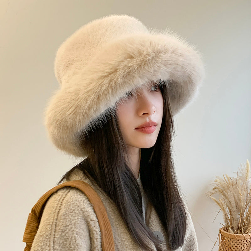 Fluffy Faux Fur Bucket Hats Women Rabbit Fur Warm Thick Plush Winter Hat Lady Fashion Luxury Panama Furry Fisherman Cap Y2k