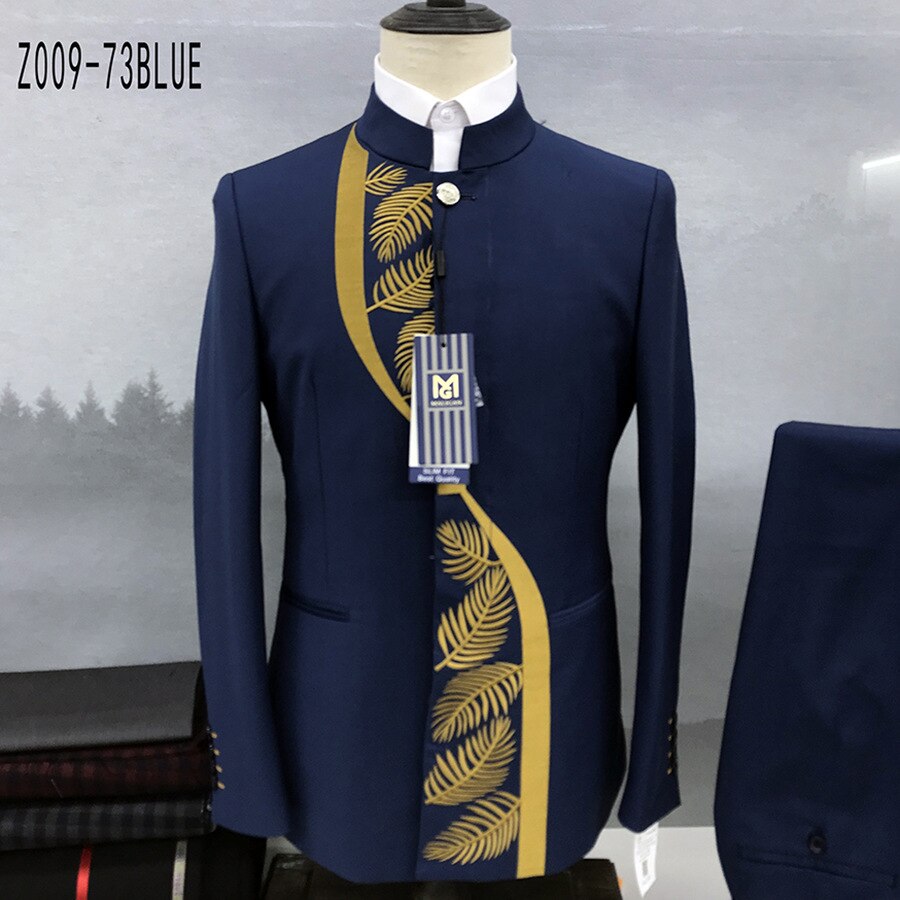 Fashion New Men&#39;s Casual Boutique Chinese Stand Collar Tunic Design Suit 2 Piece Set Blazers Jacket Coat Pants Trousers