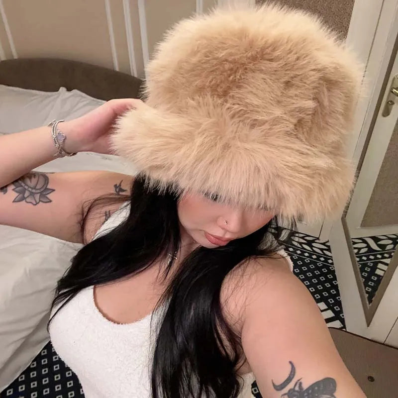 Fluffy Faux Fur Bucket Hats Women Rabbit Fur Warm Thick Plush Winter Hat Lady Fashion Luxury Panama Furry Fisherman Cap Y2k