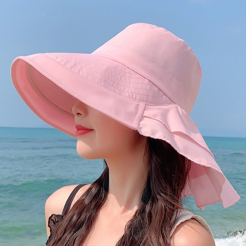 Sparsil Women&#39;s Summer Hat for The Sun Wide Brim UV Neck Protection Solar Beach Hats Foldable Ponytail Travel Sun Panama Caps