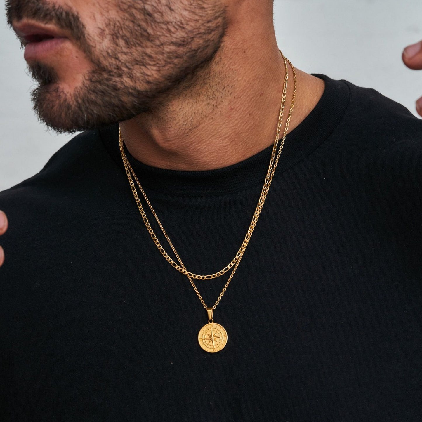 Vnox Layered Necklaces for Men, Sailing Travel Compass Pendant, Stainless Steel Cuban Figaro Wheat Chain, Casual Retro Collar