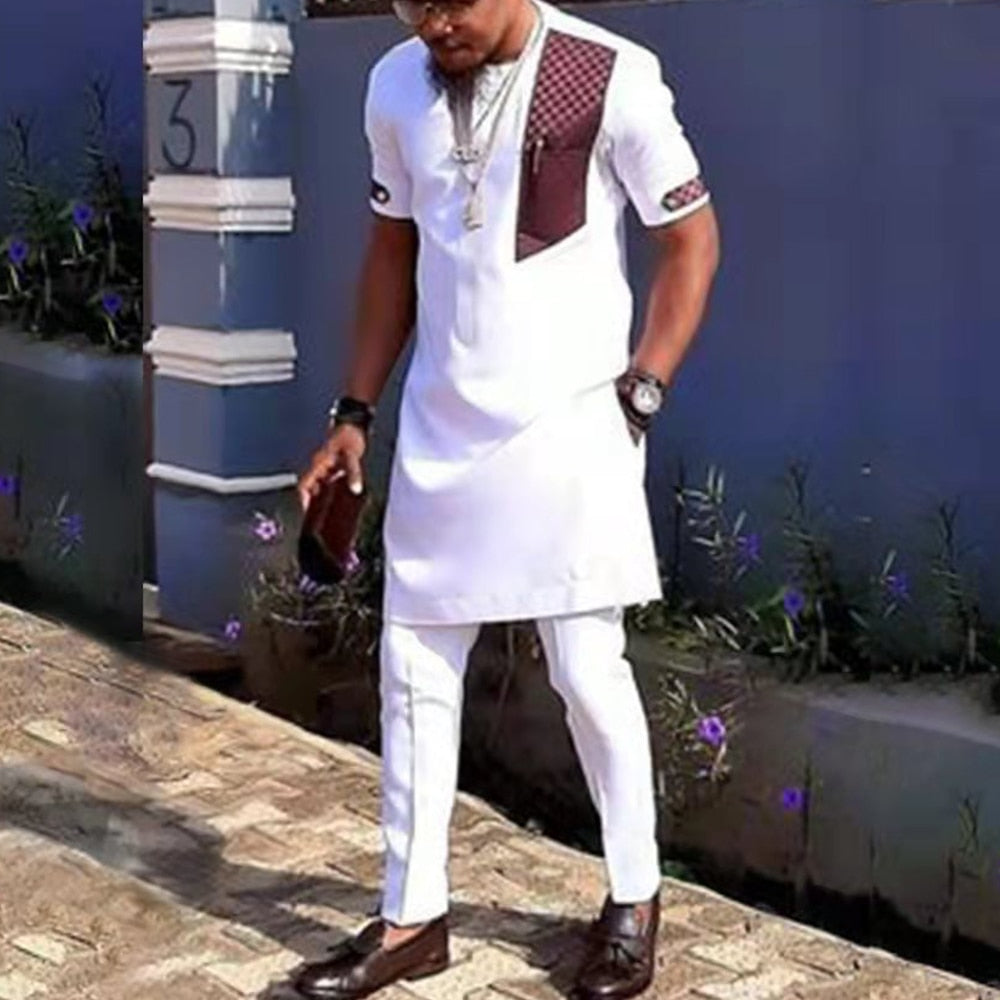 Summer New African Men&#39;s Short Sleeve Suit Solid Color Stitching Shirt and Casual Pants 2 Piece Set Party Marriage Men&#39;s Set