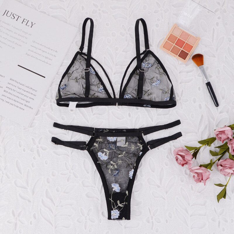 Underwear Sexy Suit Transparent Bra Female 2 Pieces Floral Embroidery Underwear Suit Lace Without Steel Support Bra