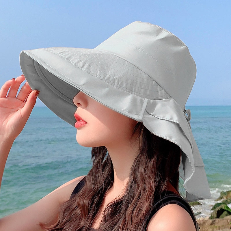 Sparsil Women&#39;s Summer Hat for The Sun Wide Brim UV Neck Protection Solar Beach Hats Foldable Ponytail Travel Sun Panama Caps