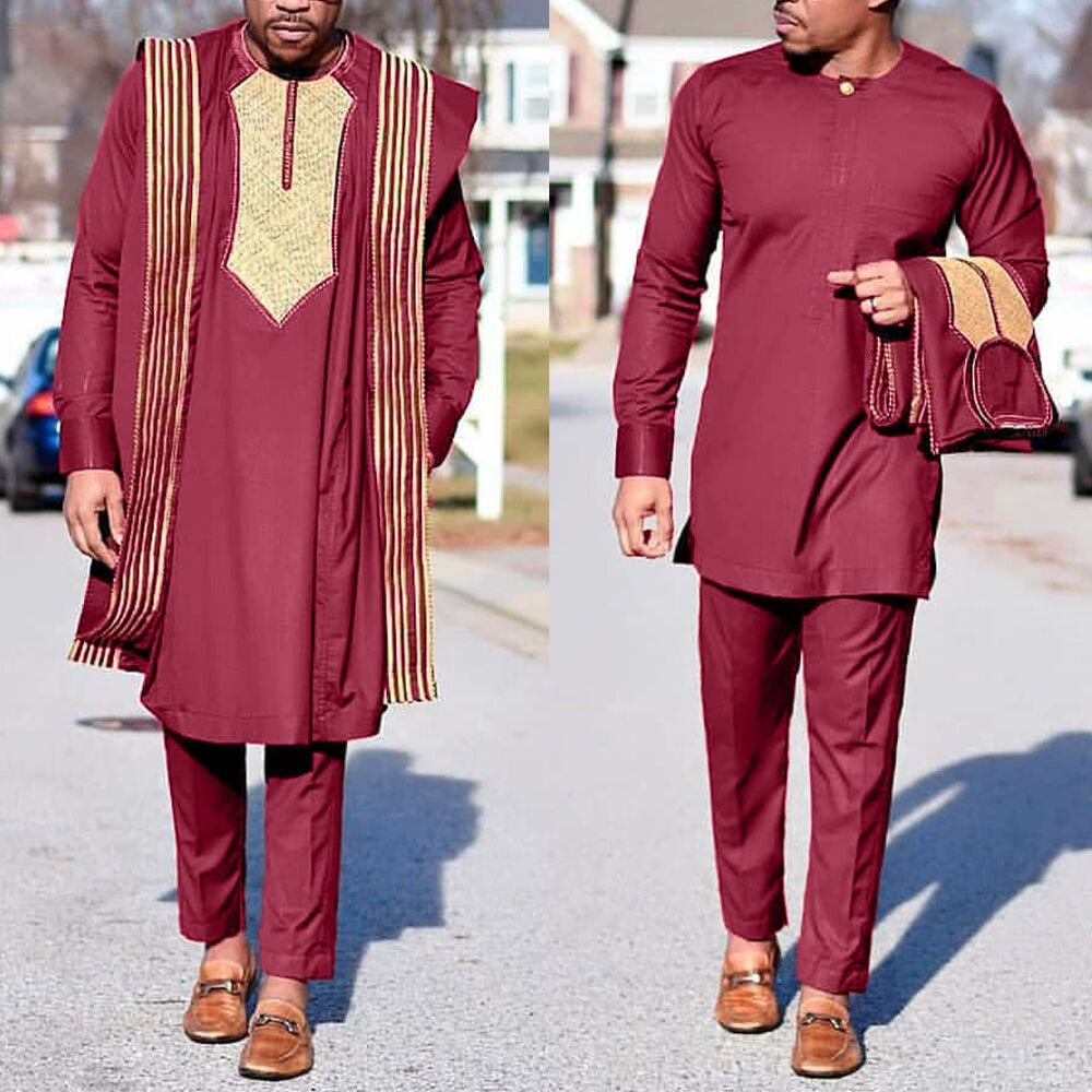 African Agbada Suit For Men Embroidered Robes Dashiki Cover Shirt Pants 3 PCS Set Boubou Africain Homme Musulman Ensembles