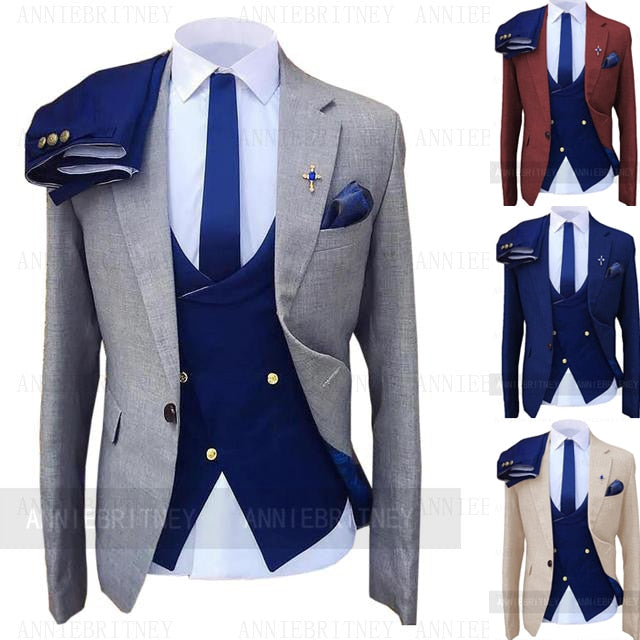 Fashion Wedding Suit For Men Gray Coat Blue Vest Pant Custom Made Plus Size Man Formal Tuxedo trajes de hombre costume homme 턱시도