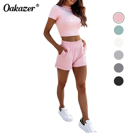 Oakazer 2 Piece Set Summer Tracksuit Women Print Crop Tops+Shorts Stand Collar Cropped Sportwear Pockets Female Shorts Suits