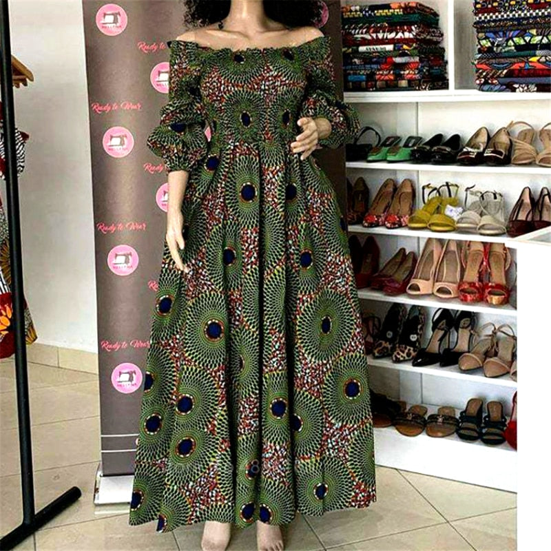 African National Print Party Dress Women Casual Sexy Slash-neck Lady Maxi Dress New Vintage Long-sleeved Loose Elegant Dresses