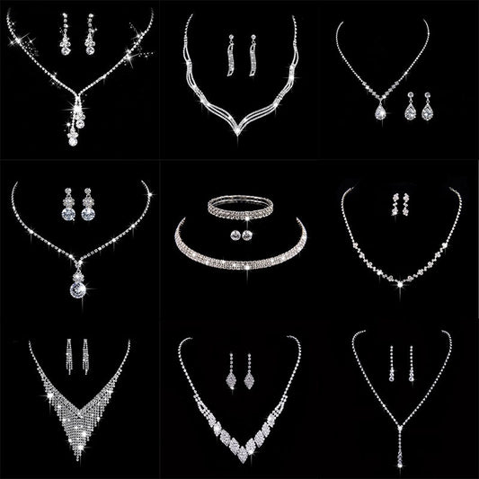 Fashion Crystal Bride Jewelry Set Rhinestone Silver-plated Wedding Dress Banquet Necklace Earring Set Ladies Gift