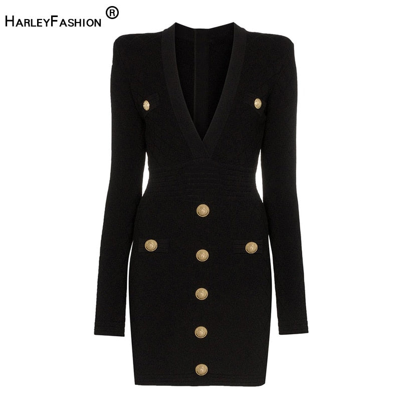 HarleyFashion High Quality Euramerican Spring Fall Fitness Casual Knit Dress V-neck Plaid Buttons Solid Slim Sheath Mini Dress