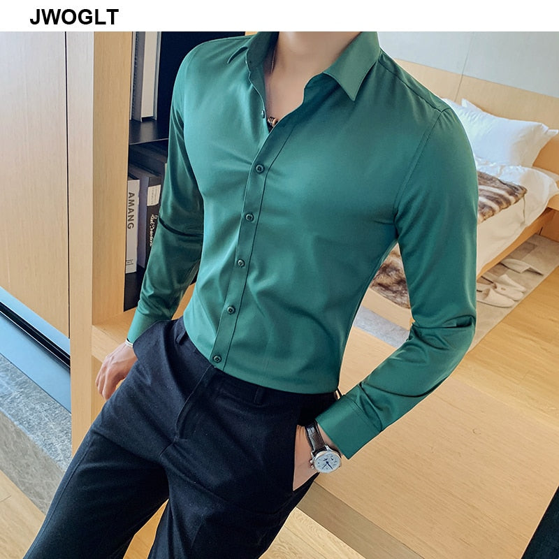 New Men's Slim Fit Long Sleeve Shirt - Fashionable Korea Styles, Available in Small Sizes for Casual and Social Occasions, in Yellow, Green, and White.