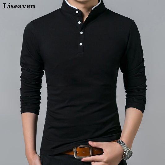 Liseaven Men's Mandarin Collar Long Sleeve T-Shirt - Solid Color Cotton Top