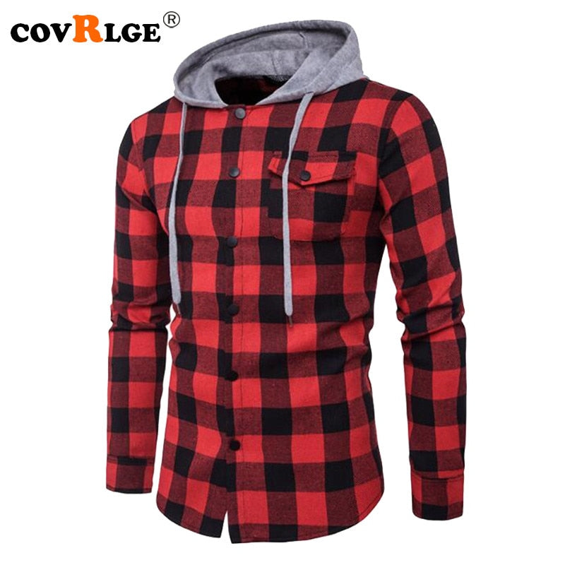 Covrlge Men's Fashion Hooded Shirt - Autumn New Arrival, Long Sleeve Red Plaid Shirt with Casual Denim Details. Perfect for Men's Fashion, this Shirt is Available in Big Sizes for a Comfortable Fit.