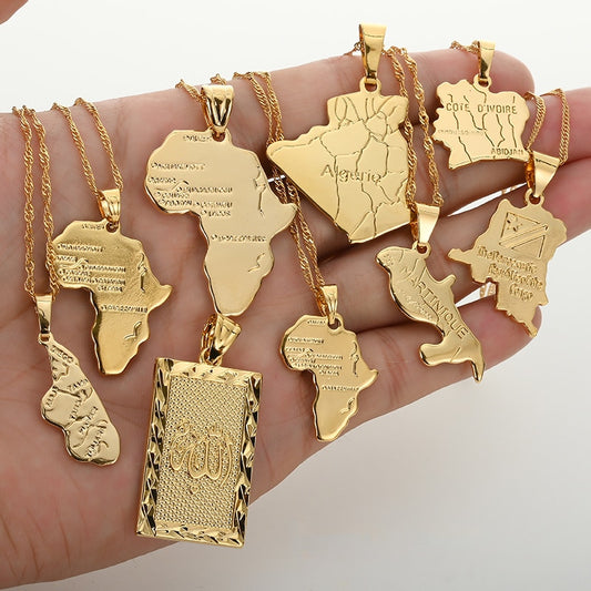 Africa Congo Algeria Map Pendant Necklace For Women Men Gold Color Copper Chain Necklaces Hiphop Style