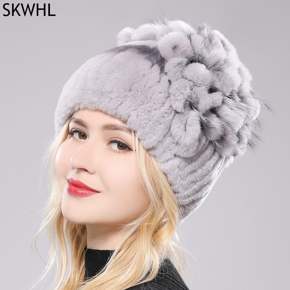 Brand Women Genuine Rex Rabbit Fur Hats Winter Rex Rabbit Fur Beanies Striped Top Flower Fox Fur Warm Real Fur Knit Caps