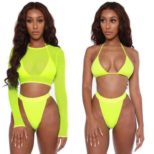 Neon Yellow Crop Top Swimwear Women Summer Sexy Beachwear Mesh Long Sleeve Cover Ups Top Three Piece Swimsuit Bikini Set