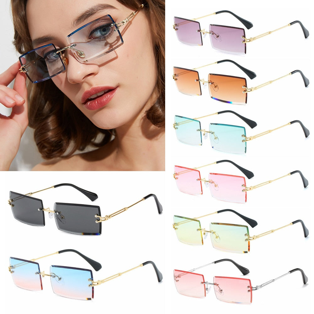 Trendy Men Women Summer Rimless Sunglasses Fashion Small Rectangle Sun Glasses Traveling Style UV400 Shades Eyewear
