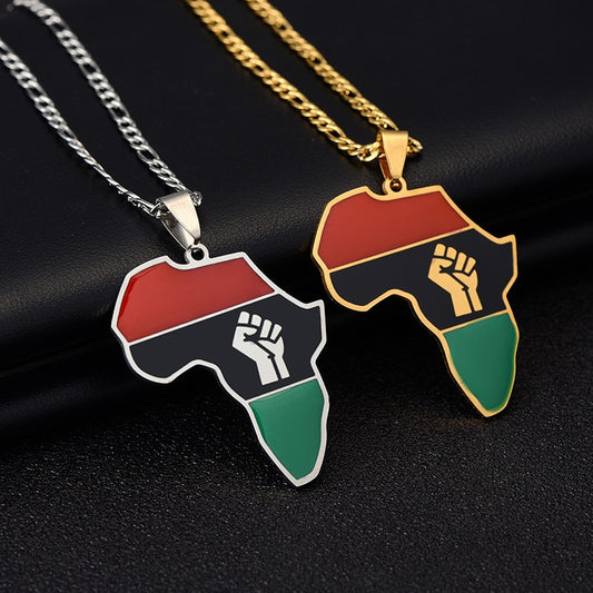 African Map Fist Symbol Pendant Necklaces Stainless Steel Men Women Africa Maps Black Lives Matter Ethnic Jewelry