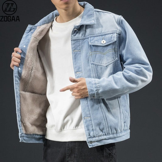 Men Light Blue Winter Jean Jackets Outerwear Warm Denim Coats New Men Large Size Wool Liner Thicker Winter Denim Jackets Size4XL