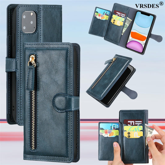 Luxury Leather Zipper Flip Wallet Case For iPhone 14 13 Pro MAX 11 12 Mini X XS XR 6 6S 7 8 Plus SE 2020 Card Holder Stand Cover