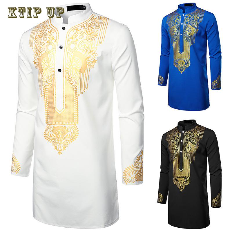 Luxury Casual Islamic Arabic Abaya Robe Fashion Ethnic Print Stand Collar Youth Mid-length Shirt Coat 2023 Muslim Men Clothing