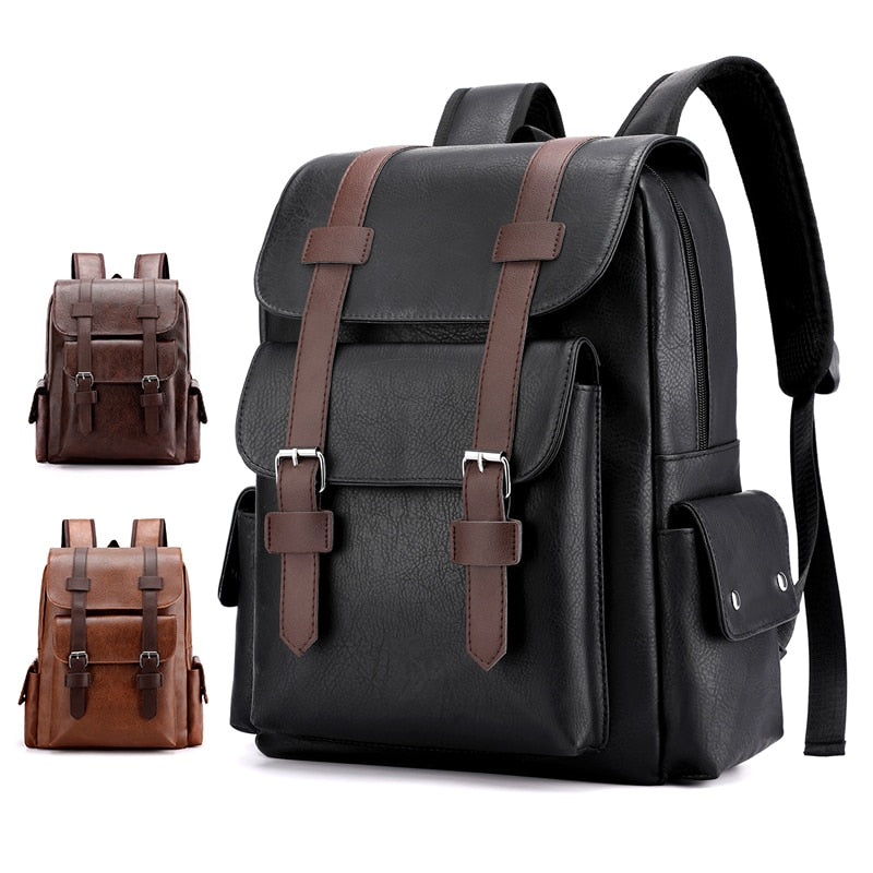 Men Backpack PU Leather Bagpack Large Laptop Backpacks Male Mochilas Black Schoolbag For Teenagers Boys Brown Sac A Dos