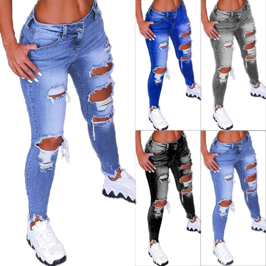 Spring New Women&#39;s Low Waist Ripped Jeans Fashion Slim Hip Lift Elastic Ankle-Length Denim Pencil Pants Plus Size Jeans 5XL