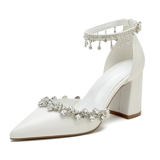 Elegant High Block Heel Wedding Shoes for Bride Pointed Toe Buckle Strap Bridal Chunky Heels Rhinestones Women Heeled Pumps