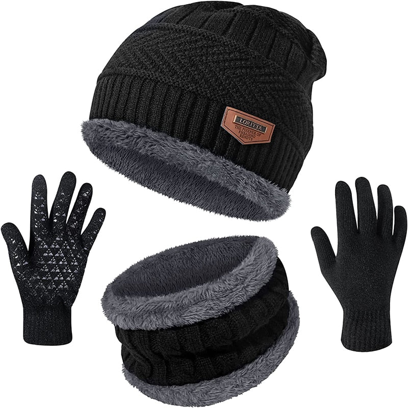 Winter Men Women Thick Beanie Hat Knitted Hat Winter Cap Beanie Female Wool Neck Scarf Cap Balaclava Mask Bonnet Hats Set