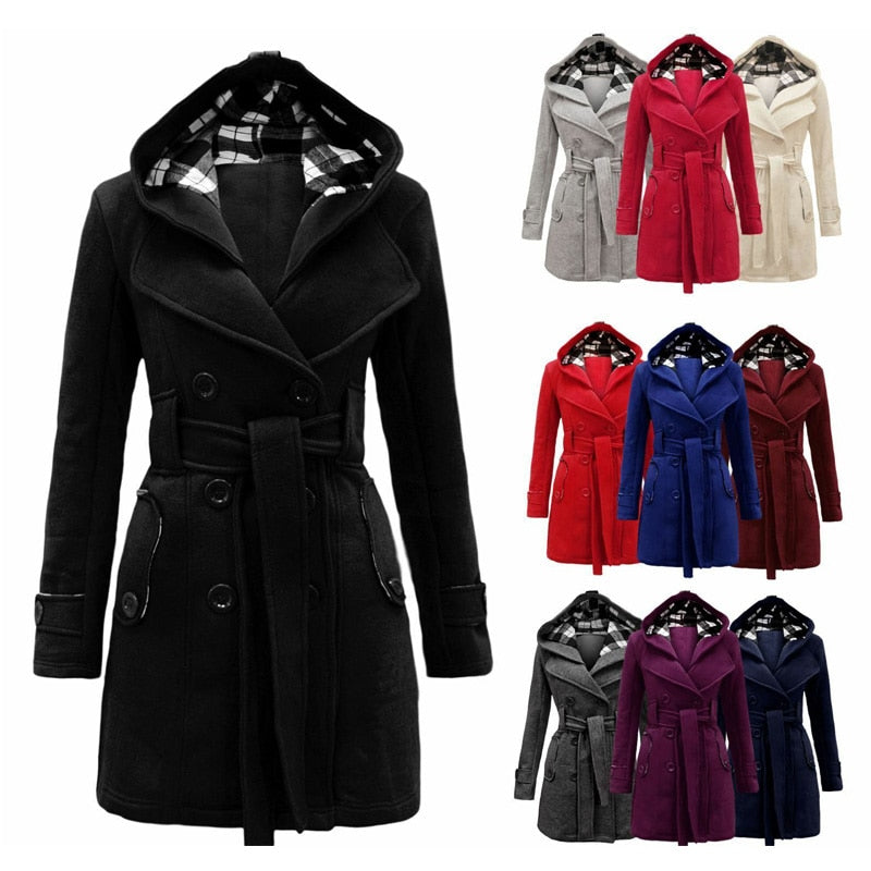 Autumn Winter Mid-Length Women's Solid Color Cotton Hooded Jacket Coat Casual Double-breasted  Keep Warm Outerwear Lady Coats