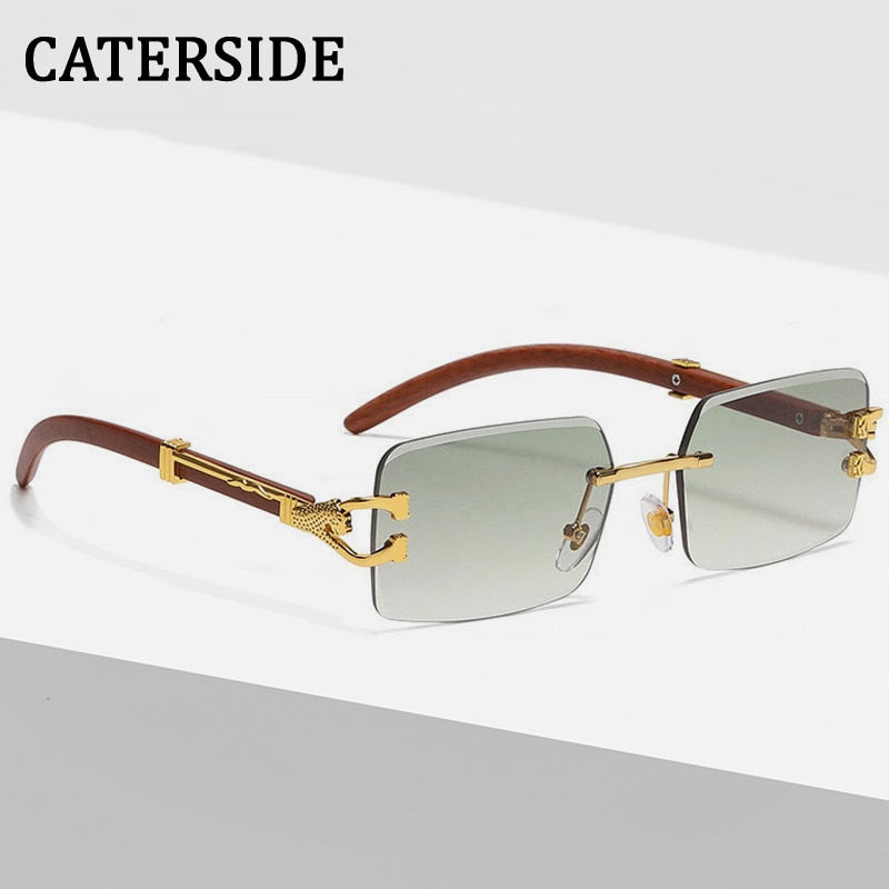 CATERSIDE Rectangle Rimless Sun Glasses Men New Square Diamond Leopard Decorate Eyewear Gradient Green Blue Color Sunglasses