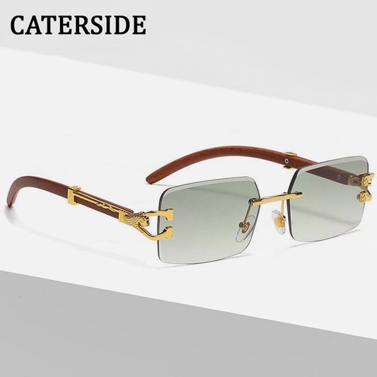 CATERSIDE Rectangle Rimless Sun Glasses Men New Square Diamond Leopard Decorate Eyewear Gradient Green Blue Color Sunglasses
