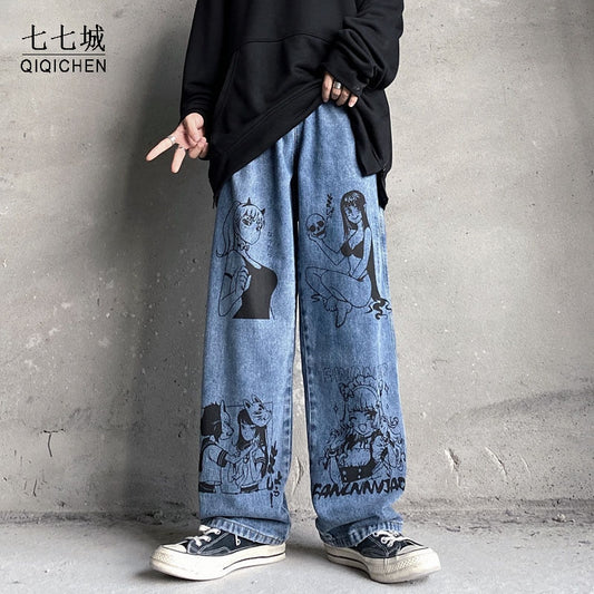 Anime Girl Printed Jean Pant Men Japanese Cartoons Hip Hop Harem Trousers Harajuku Streetwear Loose Wide Leg Casual Denim Pants