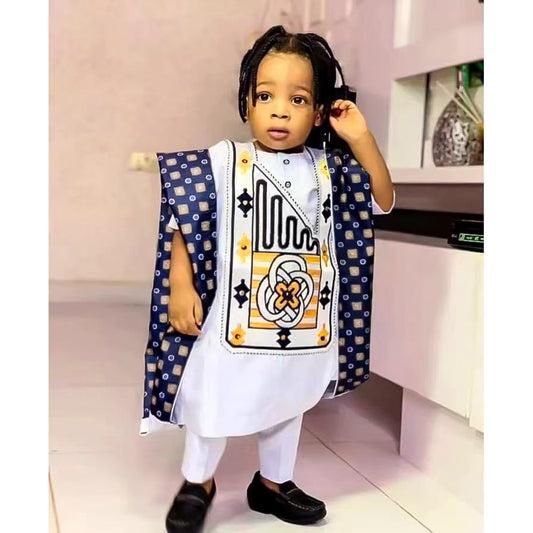 New African Tradition Clothes For Kids Boys White Long Sleeve Tops Embroidery Dashiki Robe Shirt Pant Child Set 3 PCS