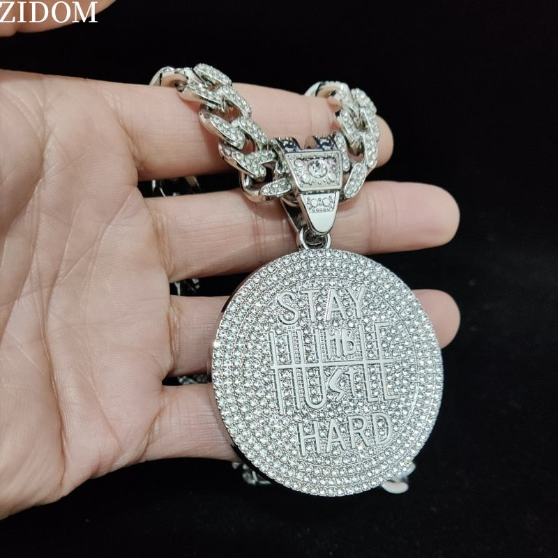 Men Women Hip Hop STAY HARD Pendant Necklace with 13mm Cuban Chain HipHop Iced Out Bling Necklaces Fashion Charm Jewelry