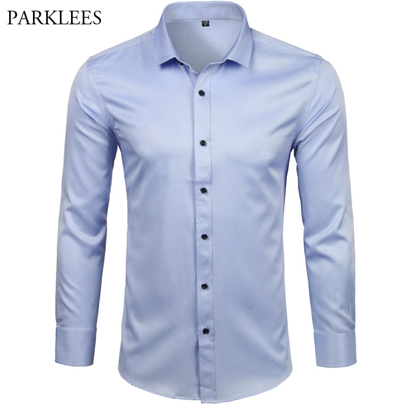 Men&#39;s Dress Shirts Casual Slim Fit Long Sleeve Male Social Shirts Comfortable Non Iron Solid Chemise Homme Blue