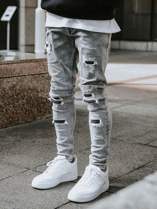 Men&#39;s Skinny Ripped Jeans Streetwear Fashion Beggar Patch Men Pencil Pants Grey/Blue Slim Denim Trousers Casual Jeans for Men