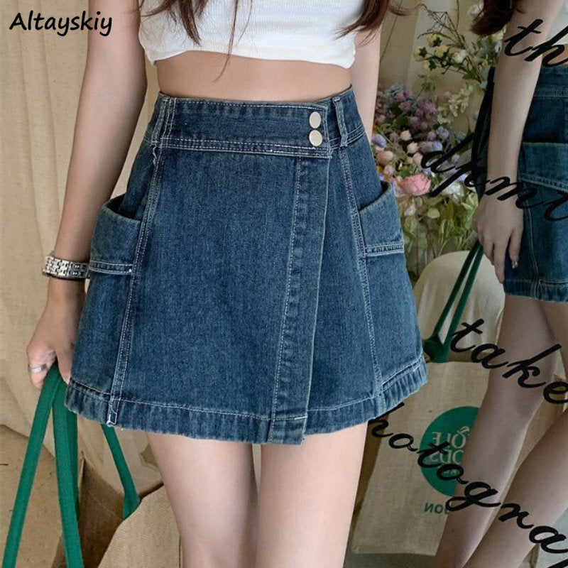 Denim Shorts Women Vintage Hotsweet Simple High Waist Distressed Asymmetrical Streetwear Korean Style Summer Female All-match