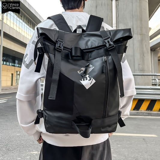 VC Men's Functional Black Backpack Trend Canvas Patchwork Design Backpack Large Capacity Travel Backpacks for Men School Bag