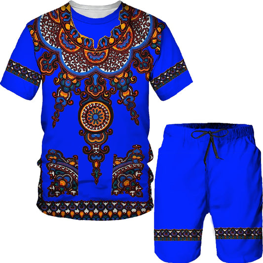 Chic Style Men's African Totem Printed T-Shirt Set - Plus Size Male Ethnic Primitive Tribal Printed Tracksuit